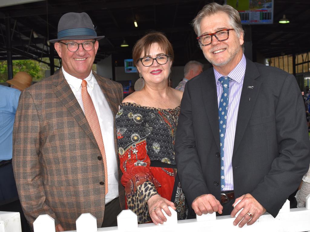 Rockhampton Jockey Club CEO Ian Mill with Maree Duke and Brad Duke at The Archer race meeting at Callaghan Park, Rockhampton, on May 7, 2022.