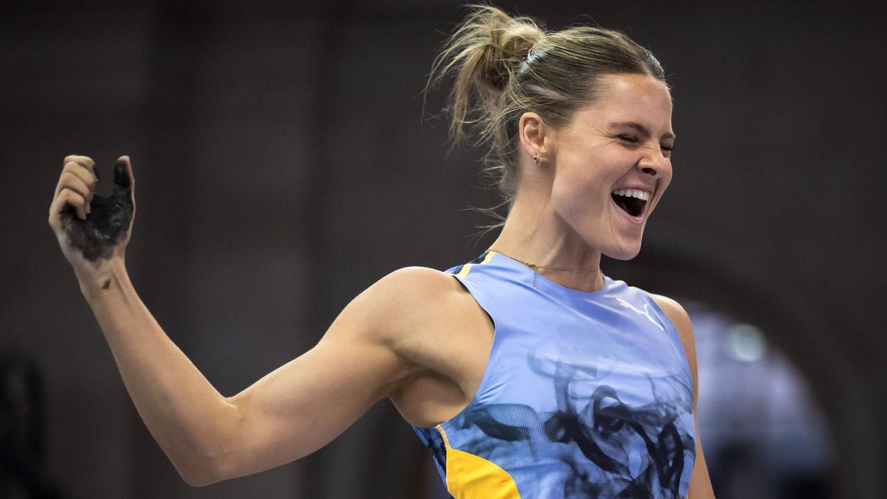 Australia's Nina Kennedy reacts during the Women's Pole Vault event at Zurich's main train station as part of the Diamond League athletics meeting Weltklasse on August 30, 2023. (Photo by Fabrice COFFRINI / AFP)