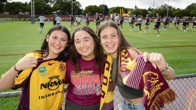 Broncos fans (from left) Sienna Hill, Serah Thomas and Bella Hill at the Brisbane Broncos Captain's Run and Toowoomba Fan Day at Toowoomba Sports Ground, Saturday, February 15, 2025. Picture: Kevin Farmer