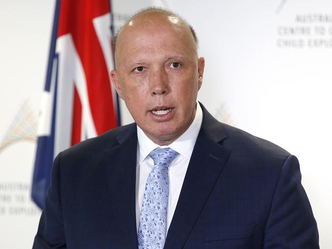 Minister for Home Affairs Peter Dutton pictured addressing the media at the Australian Centre to Counter Child Exploitation, Brisbane 25th of November 2020.  (Image/Josh Woning)