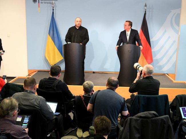 German Defence Minister Boris Pistorius (R) and Ukraine's Defence Minister Rustem Umerov hold a joint press statement after a meeting at the Defence Ministry as journalists attend in Berlin. Picture: AFP