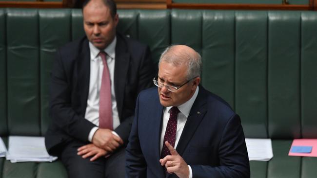 Scott Morrison and Josh Frydenberg during Question Time on Monday. Picture: Getty Images