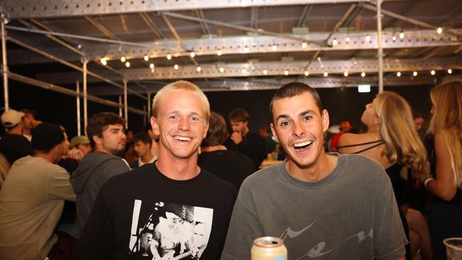 Joel Vaughan and Oscar Berry at the WSL Gold Coast Pro 2025 after party at Burleigh Pavilion for Gold Coast at Large. Picture, Portia Large.