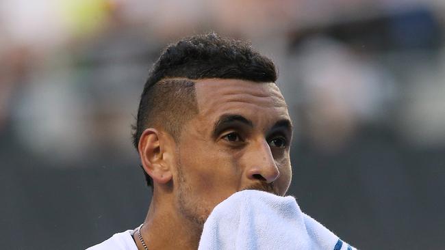 Nick Kyrgios was leading two sets to love against Andreas Seppi when he received a warning for an audible obscenity. Picture: Wayne Ludbey