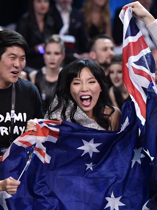 Dami Im celebrates reaching the final of Eurovision. Picture: AP