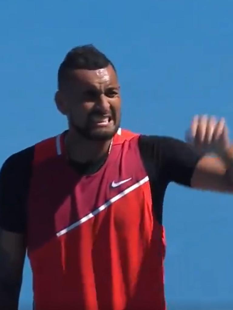 Nick Kyrgios's knee-jerk reaction to hitting a young fan. Photo: Channel 9, 9Now.