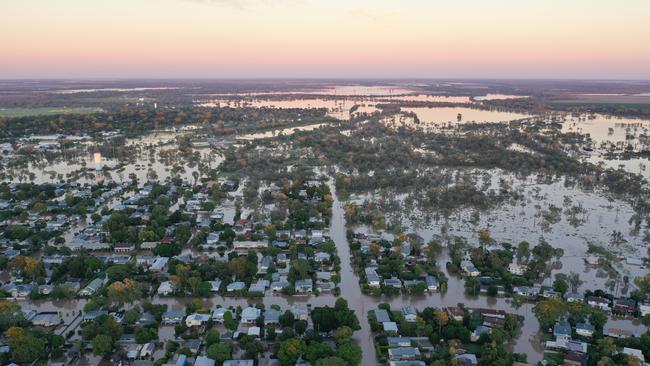 An aerial view of the inundated town of Moree in northern NSW shows the full extent of the devastation. Picture: Sascha Estens