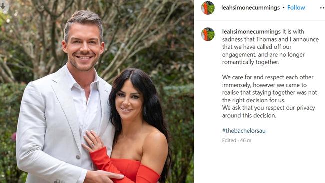 Bachelor contestant Leah Cummings and Thomas Malucelli announce they have split. Picture: Instagram