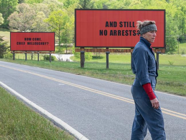 Frances McDormand, Sam Rockwell, Woody Harrelson, Abbie Cornish in scenes from Three Billboards Outside Ebbing, Missouri