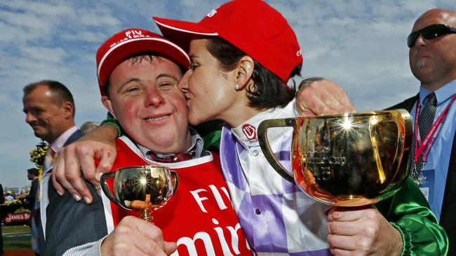 2015 Melbourne Cup day at Flemington Racecourse, Race7- Melbourne Cup, Michelle Payne with brother Stevie after winning the Melbourne Cup on Prince Of Penzance. Melbourne. 3rd November 2015. Picture: Colleen Petch. MelbourneCup15