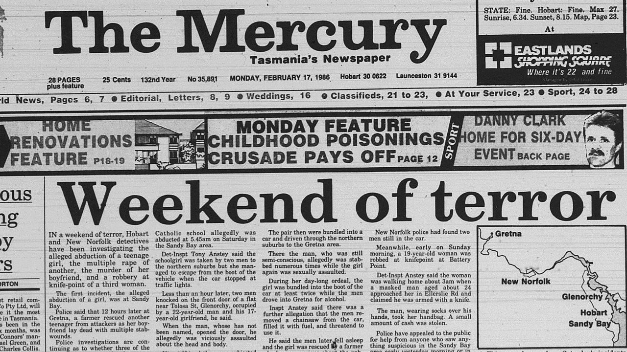 The front page of the Mercury on Monday 17 February, 1986 detailing Curtis’s crimes.