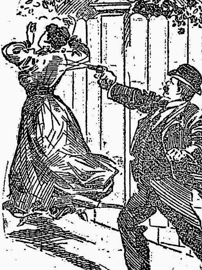 An illustration of Michael Henry Kelly shooting Maria Flynn.