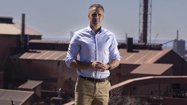 Premier Peter Malinauskas stands on Hummock Hill lookout overlooking Whyalla Steelworks. Picture: Brett Hartwig