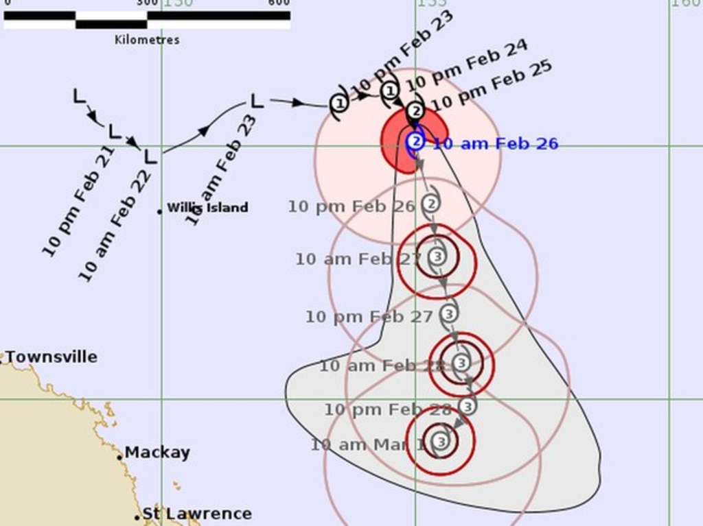 The latest tracking path for Cyclone Alfred, issued by the Bureau of Meteorology at 10.50am on Wednesday.