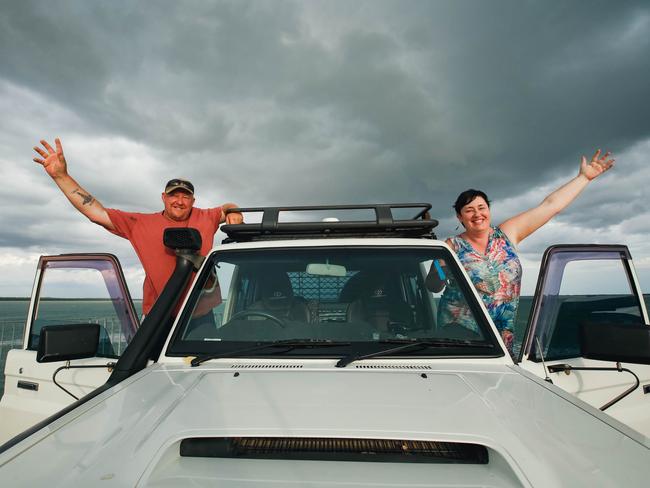 Sue and Damien Riggs up from Mataranka , as Darwin Braces for bumper wet season .Picture GLENN CAMPBELL