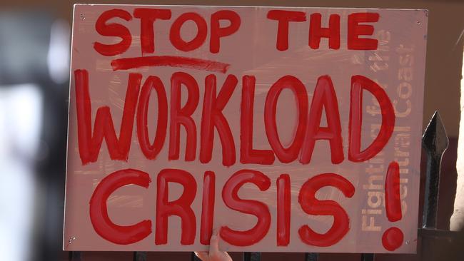 A sign held by one of the teachers attending the strike, that of which NSW teachers union is being fined for. Picture: John Grainger