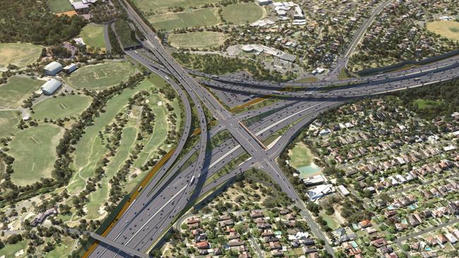 A bird’s eye artist’s rendering of the southern interchange and Bulleen Rd. Picture: North East Link Project.