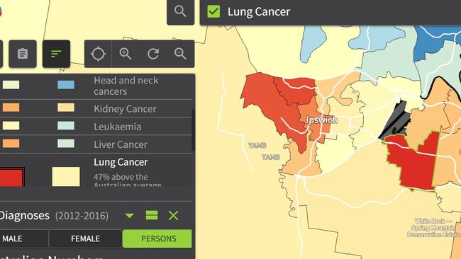 Redbank Plains is 47 per cent above the Australian average for Lung Cancer. Picture: Australian Cancer Atlas