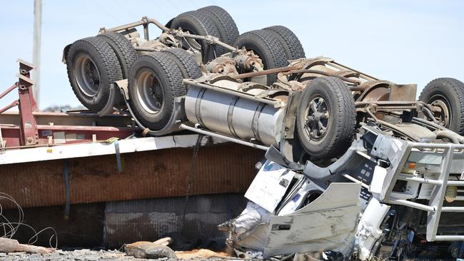 Emergency services at the scene of a fatal truck crash on the New England Highway at East Greenmount, Monday, August 30, 2021. Picture: Kevin Farmer