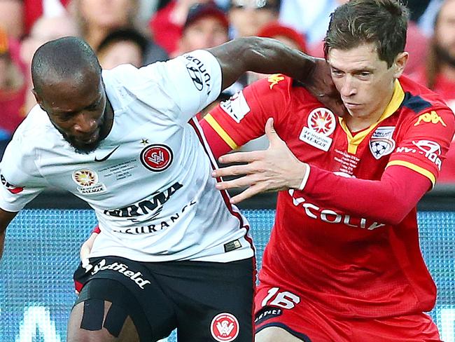 SOCCER - A-LEAGUE GRAND FINAL - Adelaide United v Western Sydney Wanderers at Adelaide Oval. Romeo Castelen and Craig Goodwin. Picture Sarah Reed