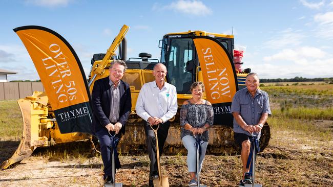 Serenitas CEO Rob Nichols, Richmond Valley Mayor Robert Mustow and new homeowners Rosemary and Don Larnach turning the sod on the new Thyme Lifestyle Resort in Evans Head.