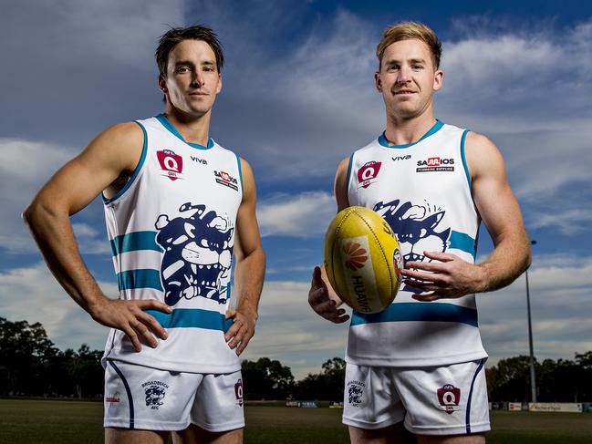 Broadbeach Cats player Jackson Fisher (right) has been the team’s best so far in 2019. Standing with teammate Blake Erickson. Picture: Jerad Williams