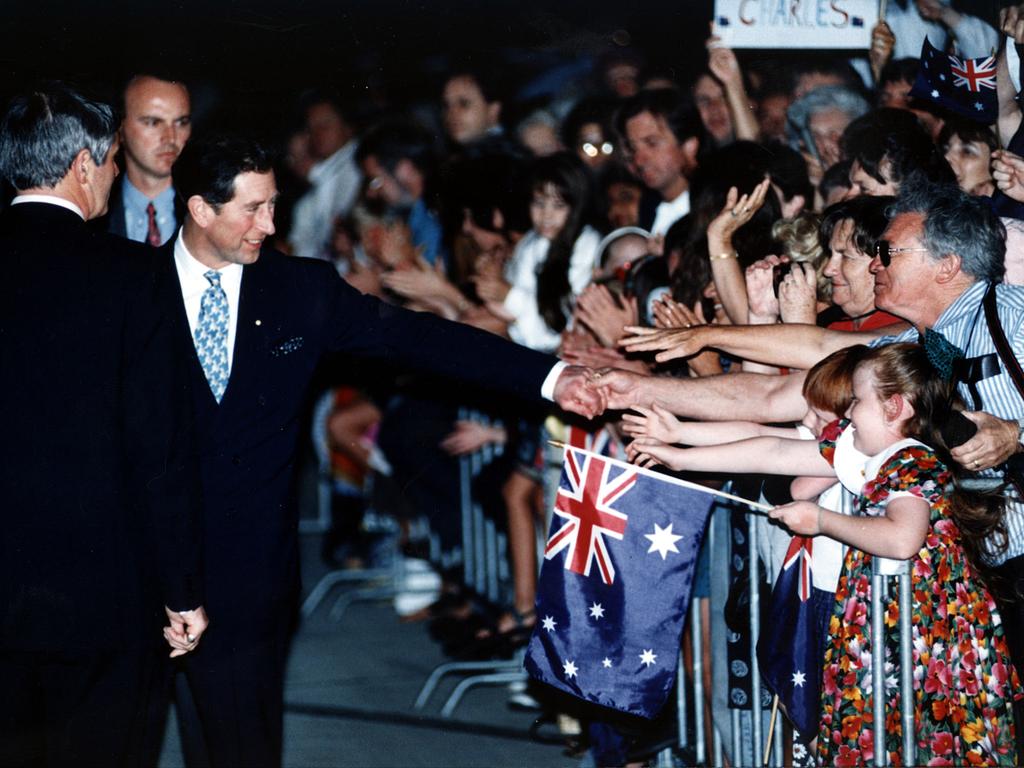 1994: Prince Charles greets the crowd as he arrives in Sydney ahead of that year’s Australia Day celebrations. Picture: Gregg Porteous