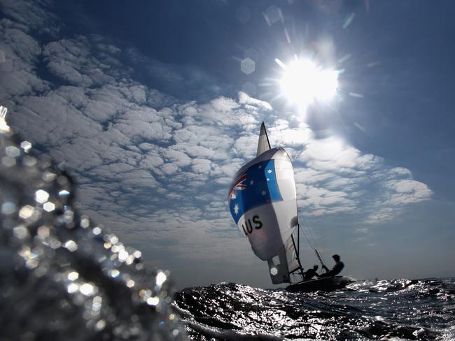 RIO DE JANEIRO, BRAZIL — AUGUST 06: Mathew Belcher and Will Ryan of Australia in action on board their 470 class dinghy during training at Marina da Gloria on August 6, 2016 in Rio de Janeiro, Brazil. (Photo by Clive Mason/Getty Images)