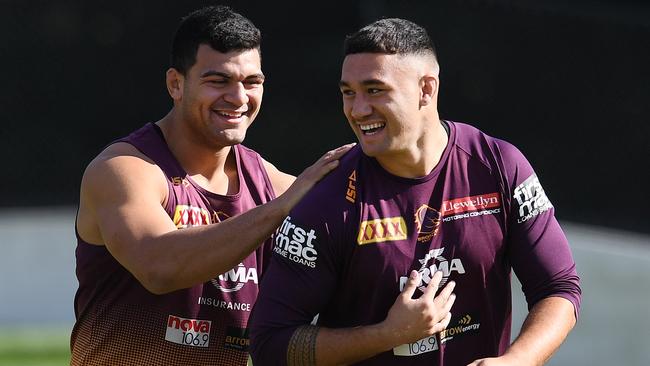 Jaydn Su'A, right, is the latest player on the way out of the Broncos. Picture: AAP