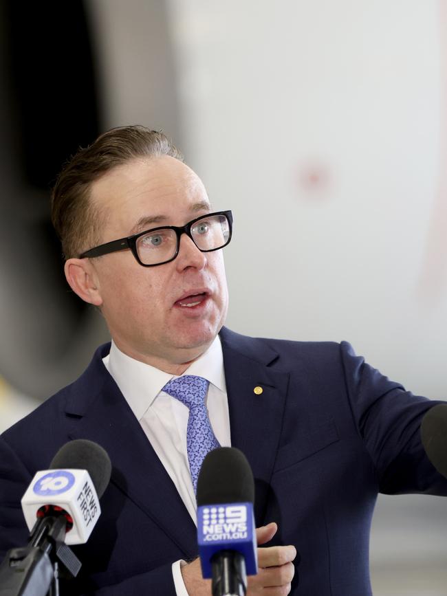 Mr Joyce pictured speaking at an event in a Qantas hanger at Sydney airport. Picture: NCA NewsWire / Damian Shaw