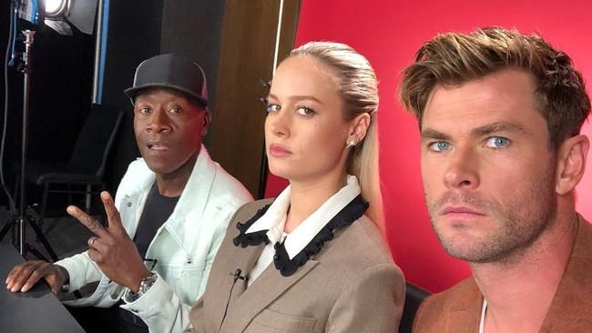 Don Cheadle, Larson and Hemsworth hit the publicity trail.