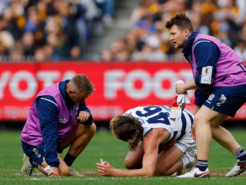 Mark Blicavs tries to catch his breath. Picture: Dylan Burns/AFL Photos via Getty Images