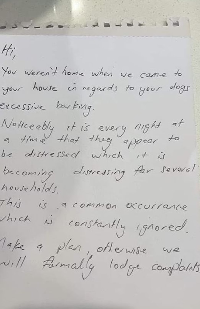 A Queensland man has blasted a note he received about his dog’s ‘excessive barking’ after the complainant failed to leave any contact details to discuss the matter. Picture: Facebook