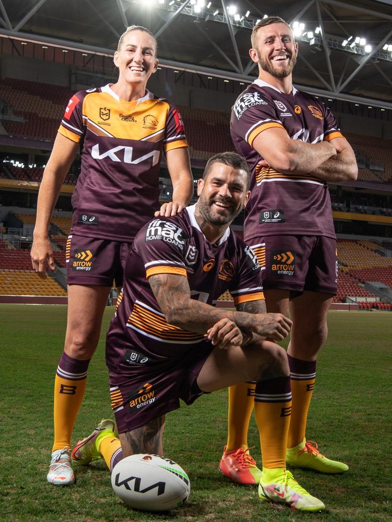 Brigginshaw, Reynolds and Capewell share a laugh at Suncorp Stadium. Picture: Brad Fleet