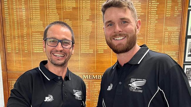 Payneham Norwood Union star Brad McKenzie (right) with Falcons coach Jeremy Cini. Picture: Payneham Norwood Union Football Club