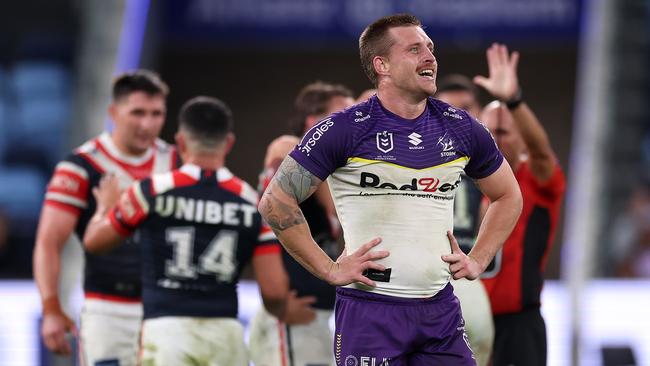 SYDNEY, AUSTRALIA – APRIL 18: Cameron Munster of the Storm is sent to the sin bin for a professional foul against James Tedesco of the Roosters during the round seven NRL match between Sydney Roosters and Melbourne Storm at Allianz Stadium on April 18, 2024, in Sydney, Australia. (Photo by Cameron Spencer/Getty Images)