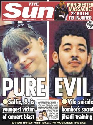 The Sun front page with the Manchester bombing terrorist. Picture: Supplied