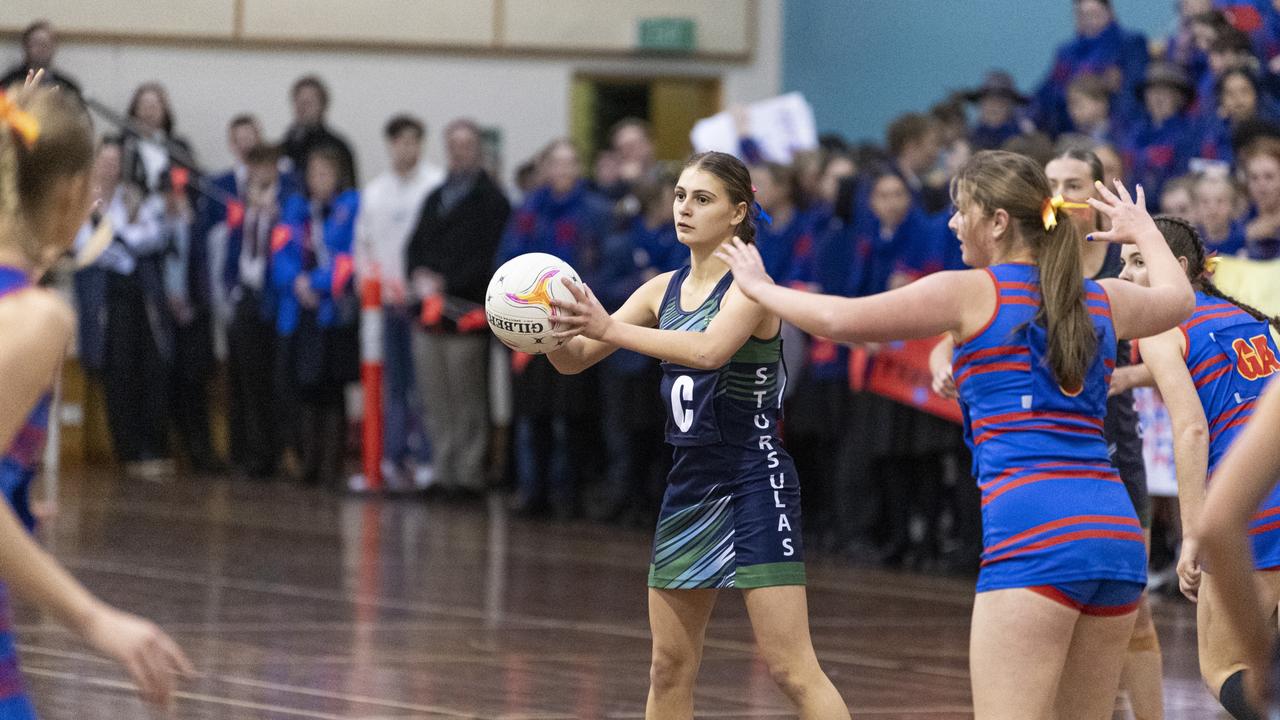 Georgia McAuliffe of St Ursula's Senior A against Downlands First VII in Merici-Chevalier Cup netball at Salo Centre, Friday, July 19, 2024. Picture: Kevin Farmer