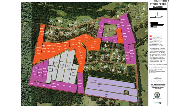 A map showing how the forensic search for William Tyrrell progressed, colour-coded by week. Source: NSW Police