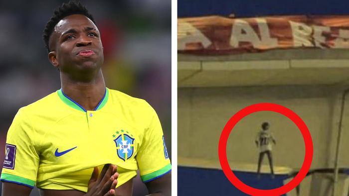 An effigy of Vinicius Jnr was hung from a bridge in Madrid. Credit: Getty Images/Twitter.