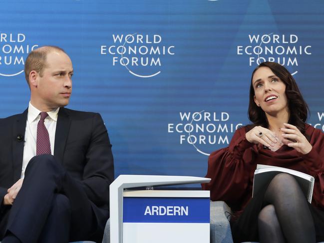 Britain's Prince William listens as the Prime Minister of New Zealand Jacinda Ardern speaks while taking part in the "Mental Health Matters" panel discussion at the annual meeting of the World Economic Forum in Davos, Switzerland, Wednesday, Jan. 23, 2019. (AP Photo/Markus Schreiber)