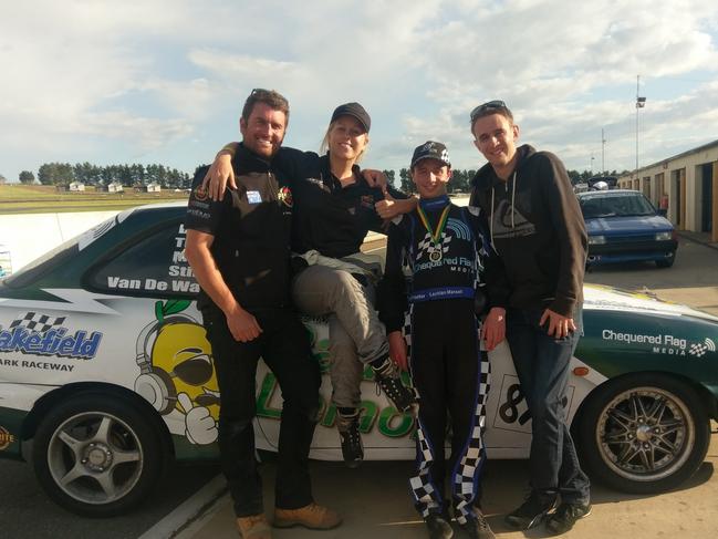 Emily Duggan, pictured with race engineer Matt Neill and co-drivers Brian Van De Wakker and Lachlan Mansell, finished fourth in the 24 Hours of Lemons charity endurance race.