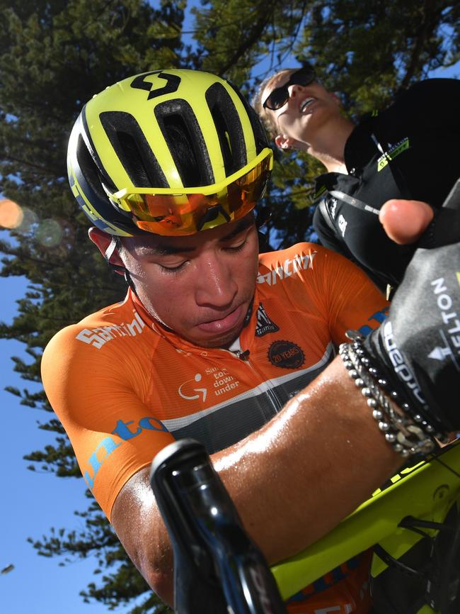 Tour Down Under leader Caleb Ewan shows his disappointment after being swamped at the finish line in Victor Harbor. Picture: AAP Image/David Mariuz