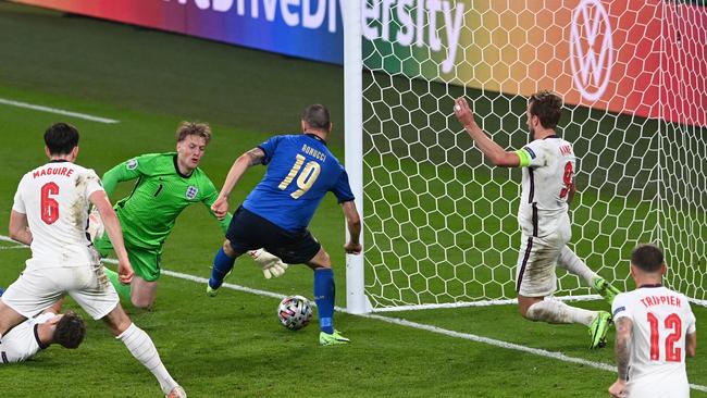 Leonardo Bonucci shoots to score the equaliser during the UEFA EURO 2020 final. Picture: AFP