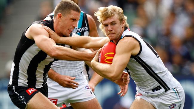 Jason Horne-Francis was well contained by the Magpies. (Photo by Michael Willson/AFL Photos via Getty Images)