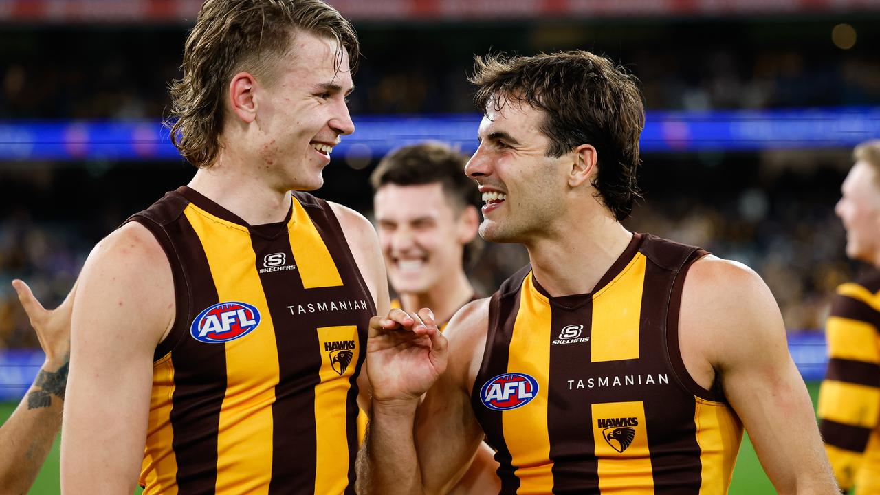 MELBOURNE, AUSTRALIA - SEPTEMBER 06: Calsher Dear and Finn Maginness of the Hawks celebrate during the 2024 AFL Second Elimination Final match between the Western Bulldogs and the Hawthorn Hawks at The Melbourne Cricket Ground on September 06, 2024 in Melbourne, Australia. (Photo by Dylan Burns/AFL Photos via Getty Images)