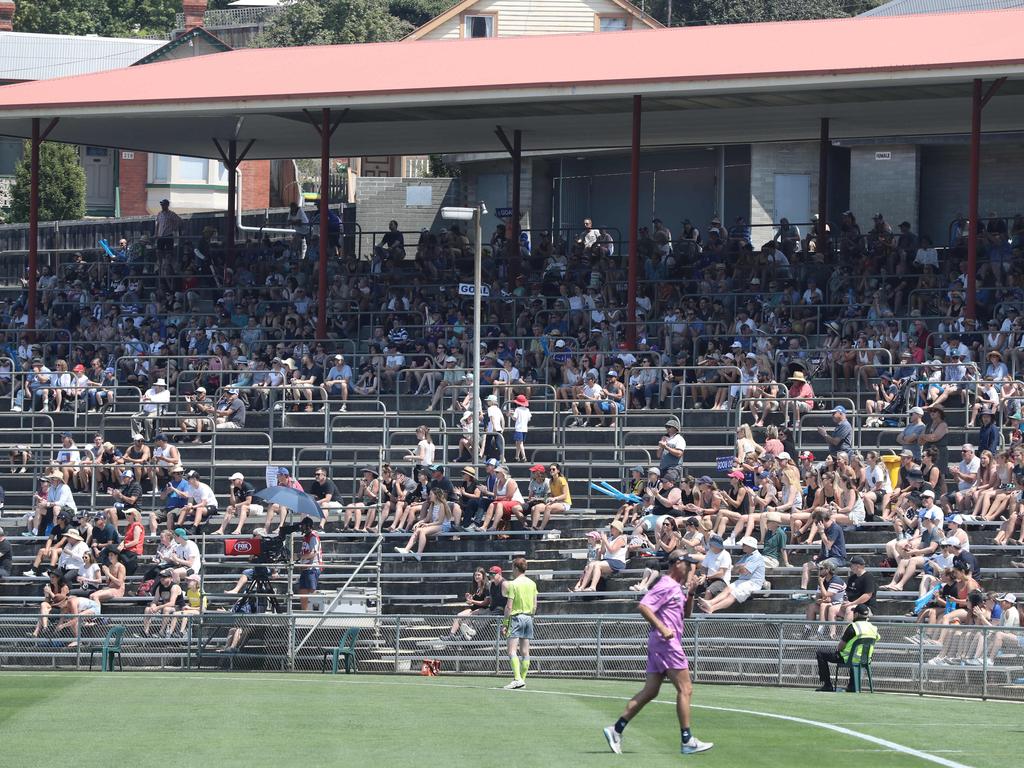 Big crowd in at North Hobart for the AFLW match between North Melbourne and Carlton. Picture: LUKE BOWDEN