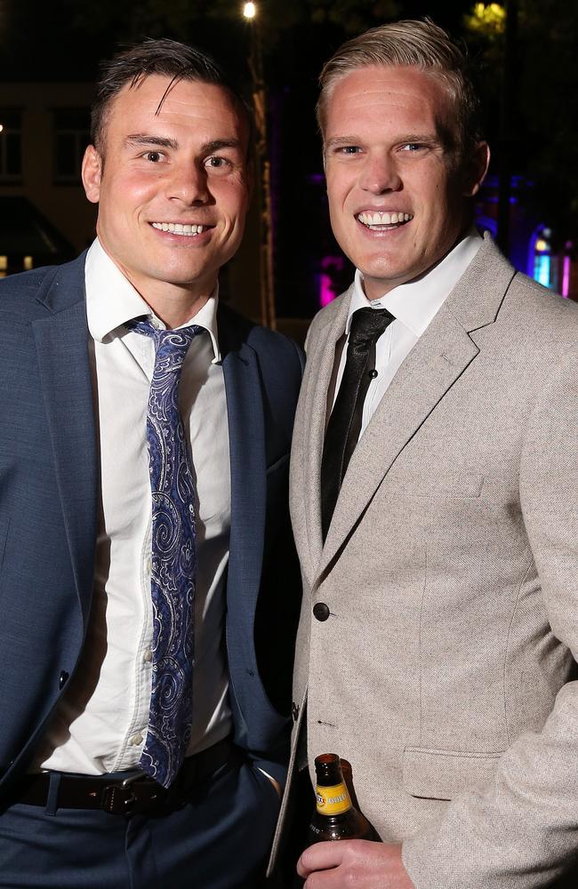 Tyson Brough, right, at the 2016 QRL gala awards night with Darren Nicholls of the Redcliffe Dolphins. Picture: Josh Woning