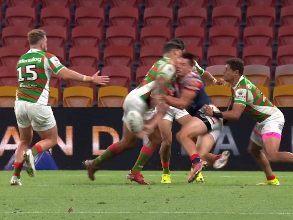 Latrell Mitchell was sent to the sin bin after this shoulder hit left former teammate Joey Manu sporting a damaged cheekbone. Picture: Fox Sports