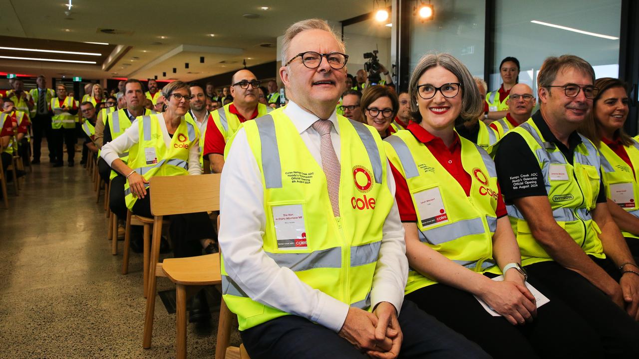 Prime Minister Anthony Albanese alongside Coles Group chief executive Leah Weckert at the opening of a new automatic distribution centre in Sydney in August. Picture: NewsWire / Gaye Gerard